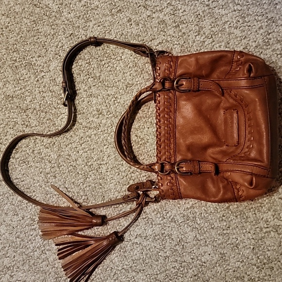 Isabella Fiore Handbags - Isabella Fiore Tan Leather Woven-Trim Shoulder Bag with Tassel Accent
